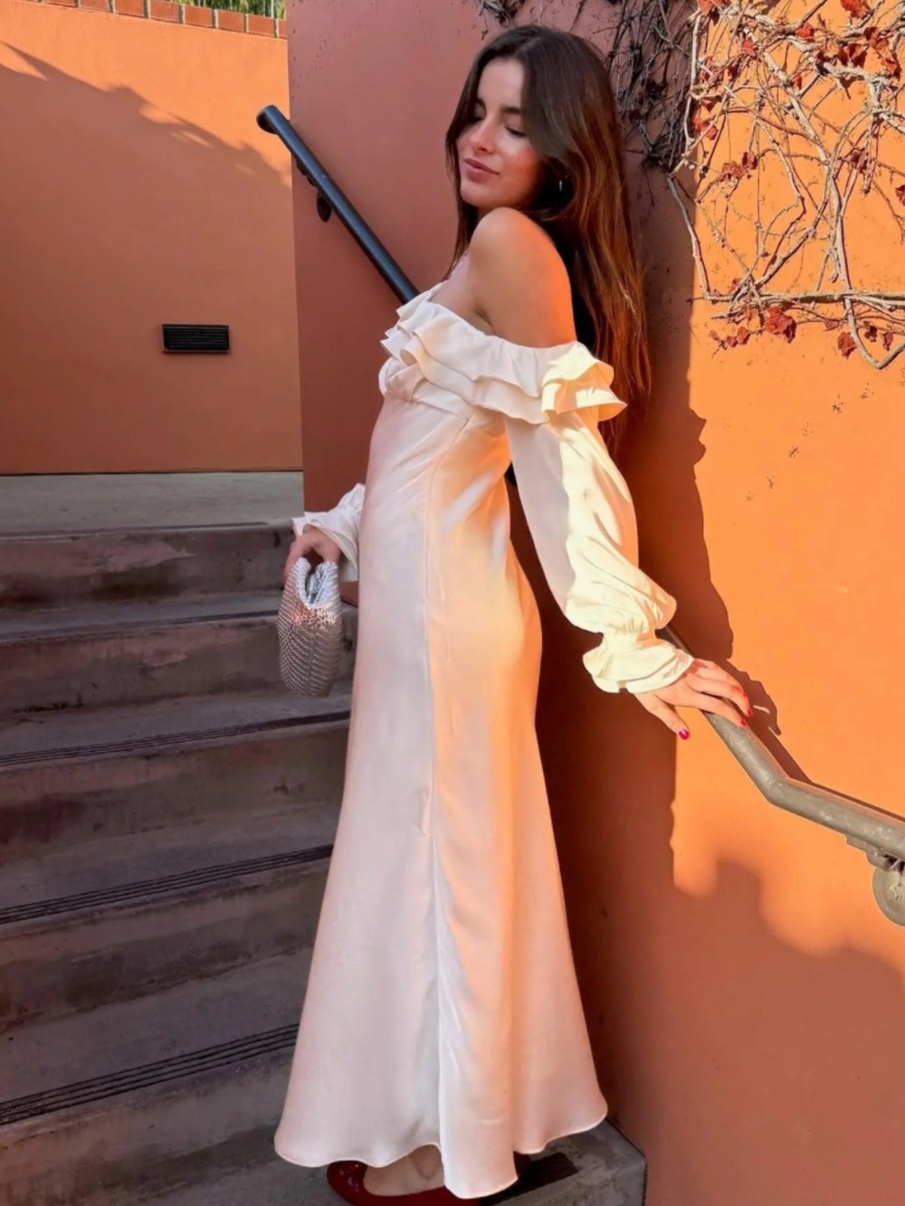 Astr One-Shoulder Ruffle Satin Maxi Dress in Cream